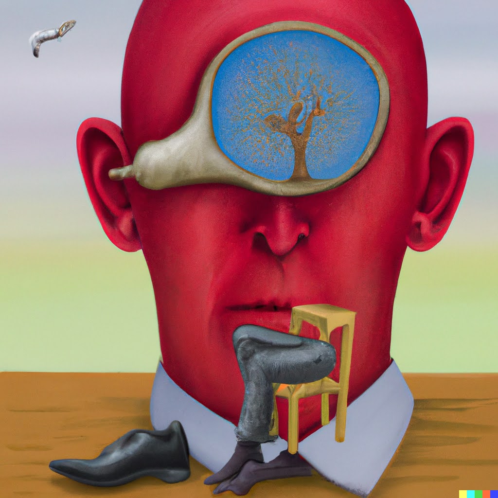 Surreal red head with a tree inside a blue window, missing context